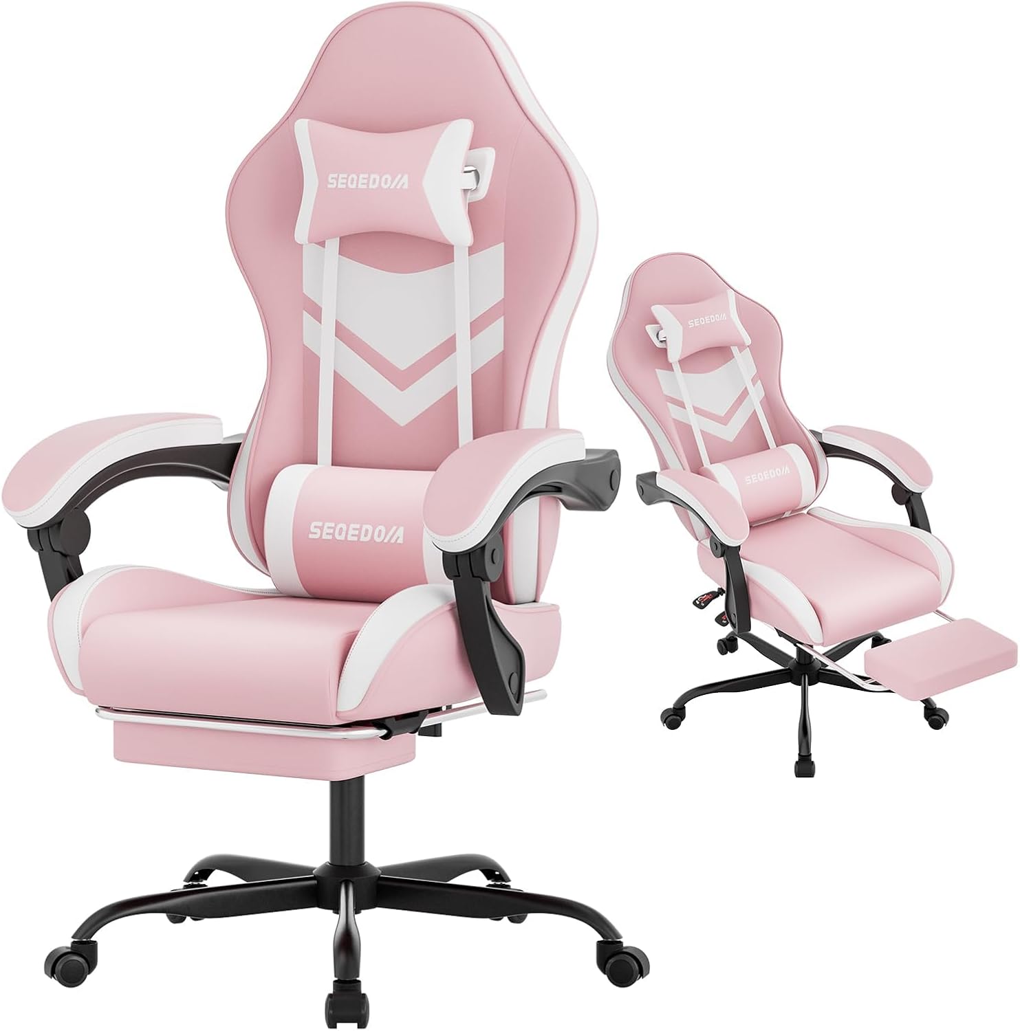 Gaming Chair with Footrest & Massage Lumbar Support, PU Leather Ergonomic High Back Swivel Height Adjustable Chair for Adults, Office Gaming, 300 lbs (Pink White)