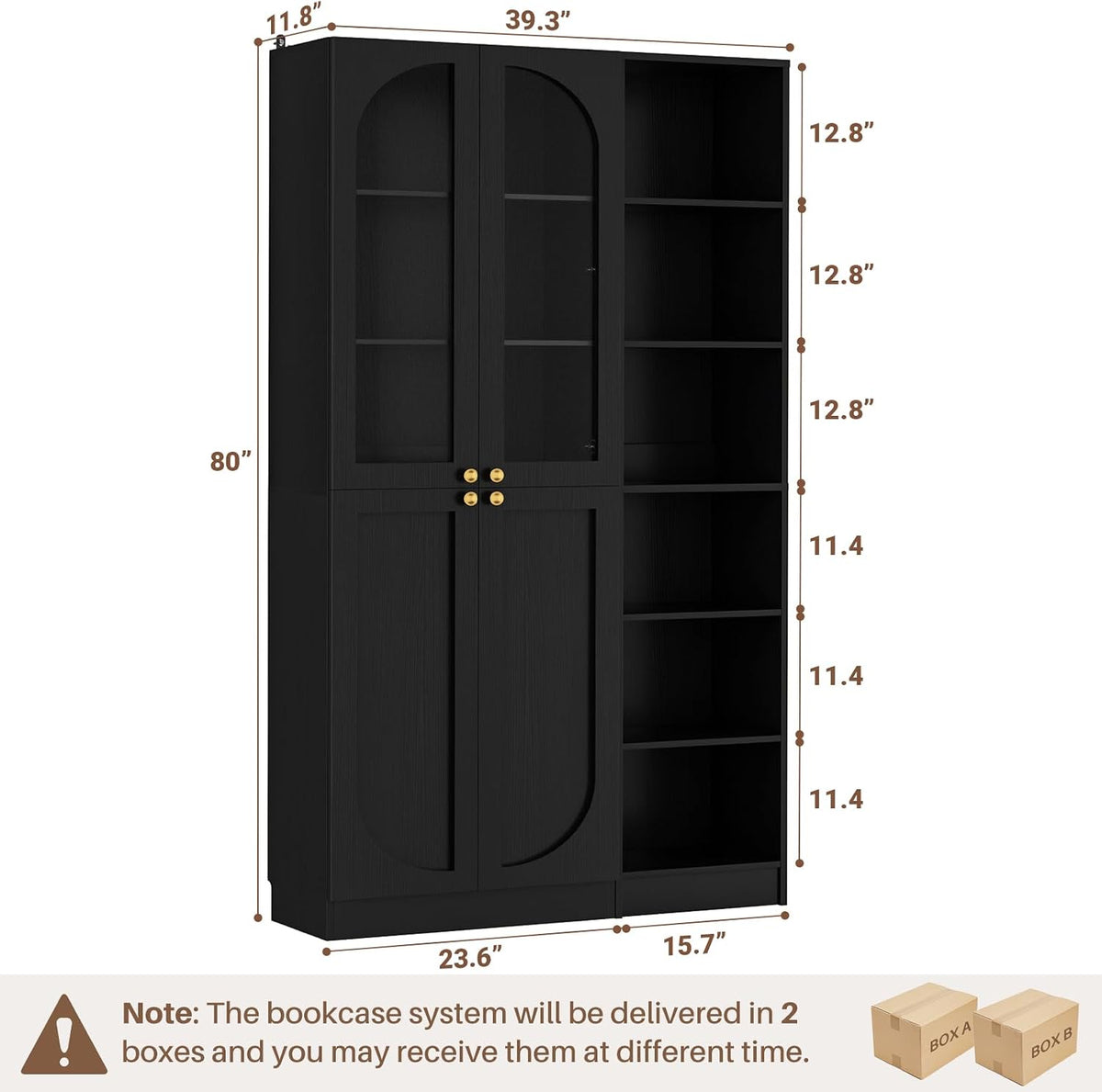 Cyclysio 80" Tall Pantry System with Tempered Glass Doors, Arched Pantries with 6-Tier Open Shelves, Wooden Cupboard Storage Organizer with Baseboard Cutout for Living Room