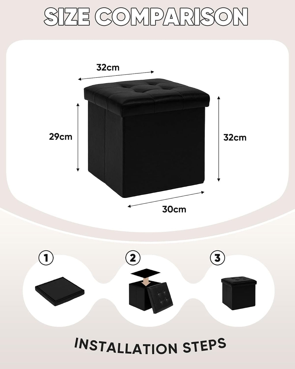B FSOBEIIALEO Storage Ottoman Small Cube, Foot Rest Seat Faux Leather Dorm Room Ottoman Black 12.6"X12.6"X12.6" (2 Pack)