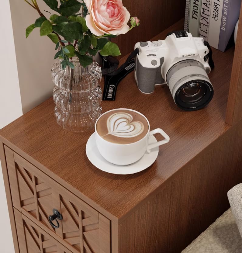 End Table with 3 Drawers and 2 Open Shelves, Walnut Finish Corner Table for Bedroom