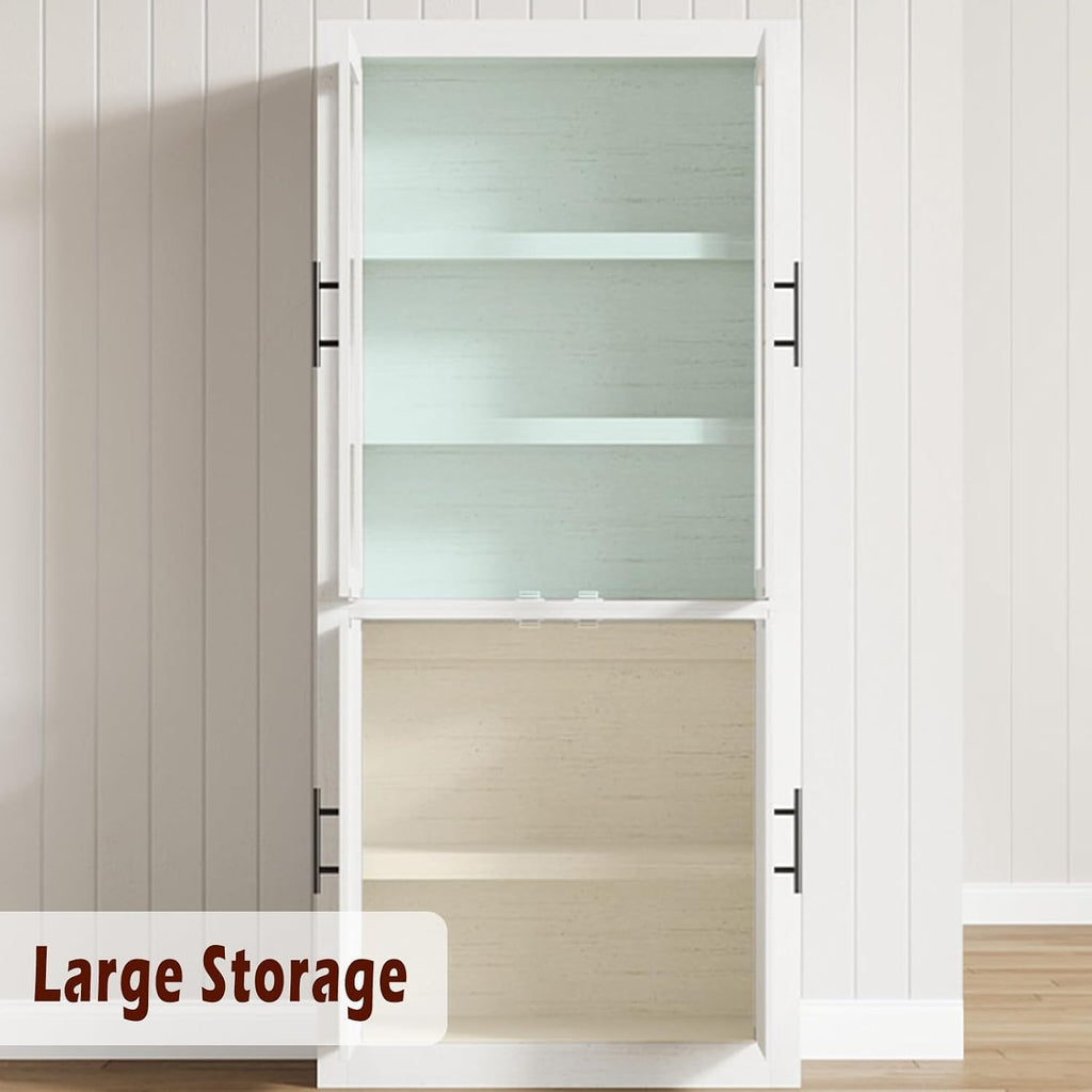 Farmhouse Kitchen Pantry Storage Cabinet, 70.5" Tall Wood Cupboard with 4 Doors and Adjustable Shelves, Rustic White Freestanding Organizer for Kitchen, Dining Room, White