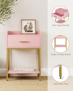 Nightstand, Modern Bedside Table with Drawer and Legs,Pink and Gold Night Stand with Open Shelf, Narrow Side Table for Bedroom, Living Room