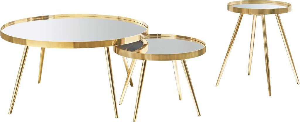 36" Reflective Top Stacking Nesting Tables, Set of Nesting Tables with Polished Metal Frame, Side Tables with Modern Streamlined Design for Living Room Activity Areas, Gold