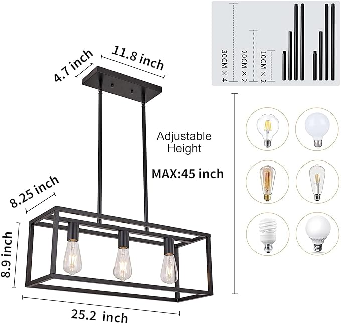Farmhouse Rectangle Chandeliers for Dining Rooms, Modern Linear Hanging Light Fixture Matte Black 3-Light Industrial Pendant Lighting for Kitchen Island