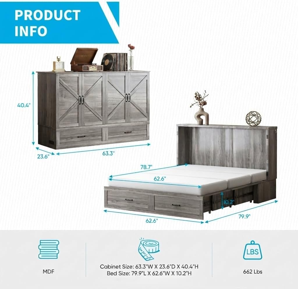 Mjkone 63" W Queen Murphy Bed, Cabinet Beds Queen Size with Built-in Charging Station and Drawer, Modern Cabinet Murphy Chest Bed, Hidden Guest Wall Beds, Space Saving - Grey (No Mattress)