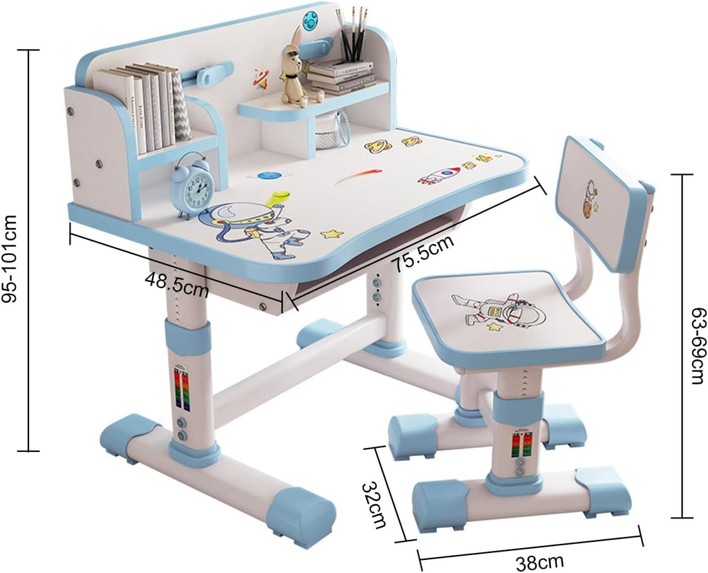 Kids Desk and Chair Set,Height Adjustable Children Study Desk Chair Set,School Student Writing Desk Table with Drawer Bookstand,Ergonomic Student Learning Table Desk Chair for Girl Boy, Blue C