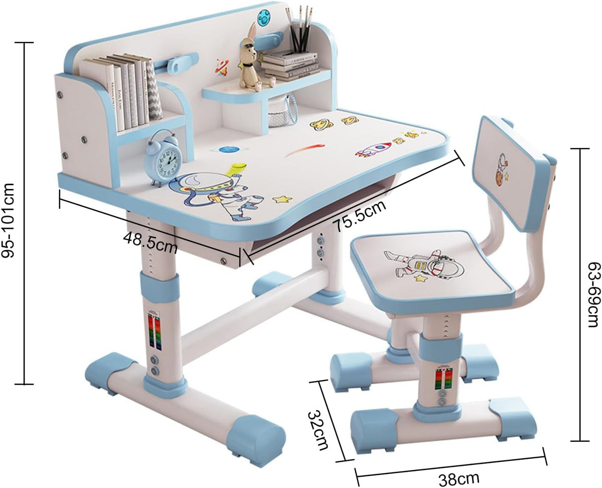 Kids Desk and Chair Set,Height Adjustable Children Study Desk Chair Set,School Student Writing Desk Table with Drawer Bookstand,Ergonomic Student Learning Table Desk Chair for Girl Boy, Blue C