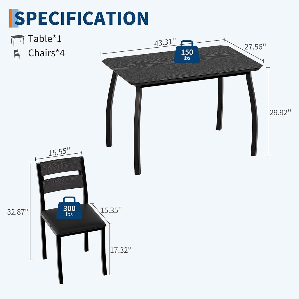 IDEALHOUSE Dining Table Set for 4 Modern Kitchen Table and Chairs Set with Chamfered Edges Cushioned Seats Space-Saving Metal Frame Compact Breakfast Nook (Soft Seat Black Tube + Black)