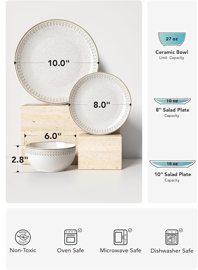Dinnerware Sets for 4, 12 Piece Ceramic Dish Set with Plates and Bowls | Oven/Dishwasher/Microwave Safe | Ideal for Housewarming | Reactive Beige (10" Plate+8" Dish+27oz Bowl)