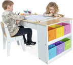 Milliard Kids Art Table Set with Chairs for Playroom, Toddler Craft and Play Wood Activity Table with Storage Bins and Paper Roll (Wood and White)