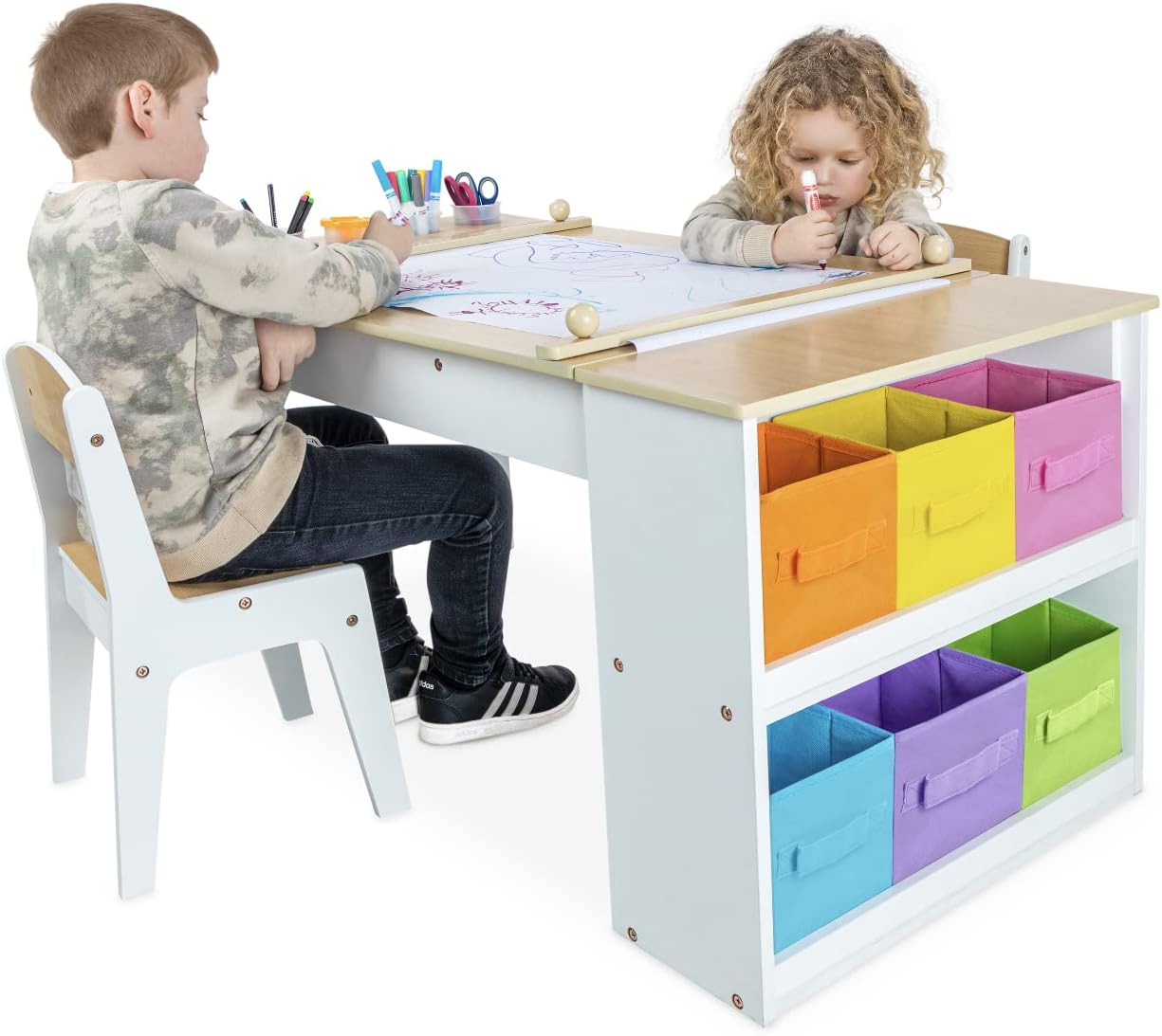 Milliard Kids Art Table Set with Chairs for Playroom, Toddler Craft and Play Wood Activity Table with Storage Bins and Paper Roll (Wood and White)