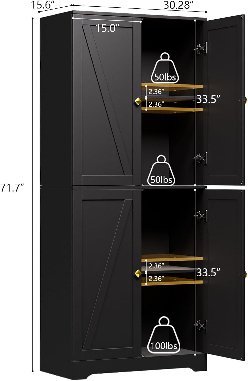 LYNSOM Kitchen Pantry Storage Cabinet 72“ Tall, Farmhouse Pantry Cabinet with Barn Doors and Adjustable Shelves, Black Storage Cabinets for Kitchen, Dining Room