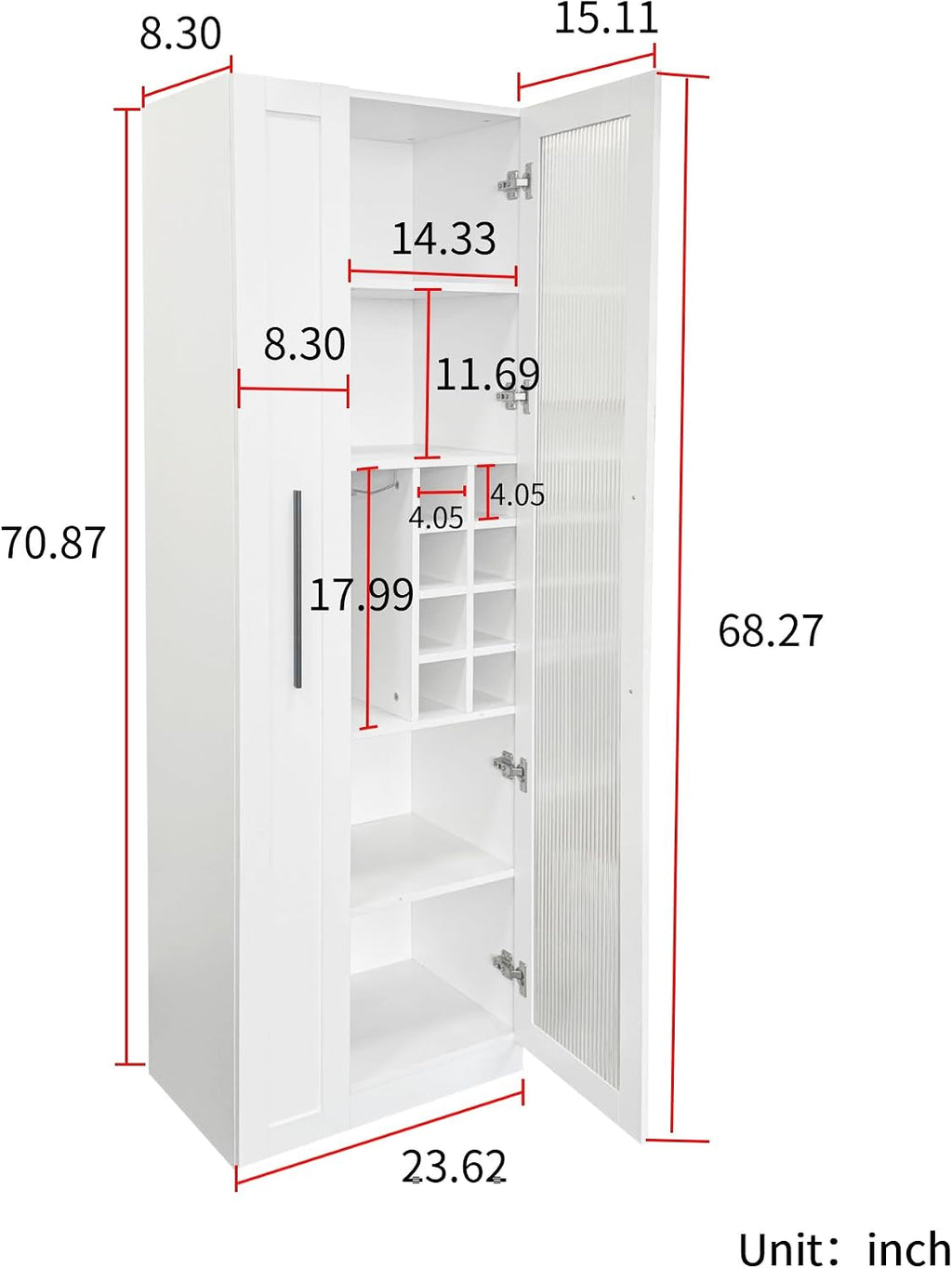 Kitchen Pantry Cabinet with Pull-Out Multi-Tier Storage Shelf, Farmhouse Storage Cabinet with Glass Doors, Tall Pantry Organizer for Kitchen, Dining Room & Living Room White