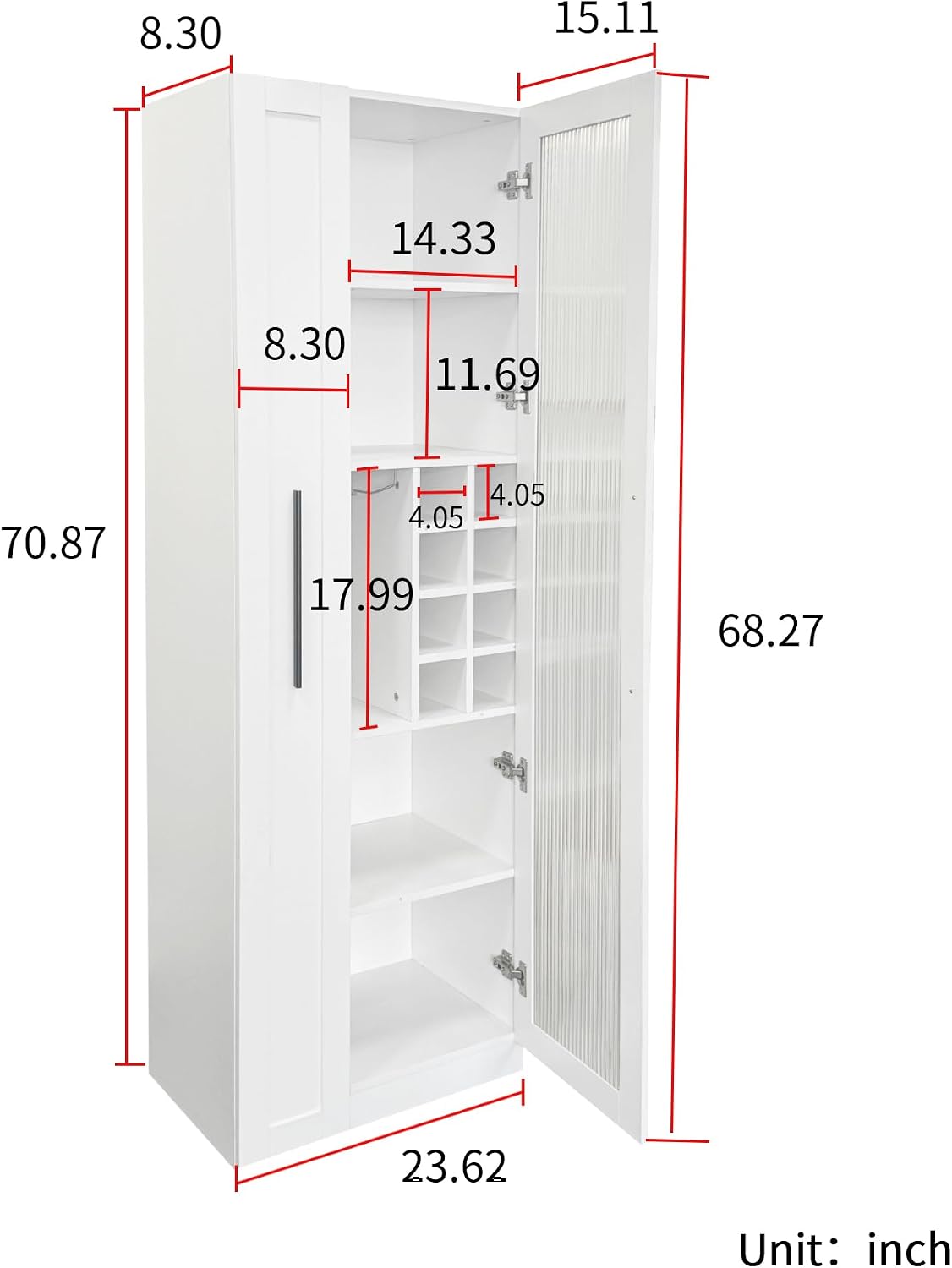 Kitchen Pantry Cabinet with Pull-Out Multi-Tier Storage Shelf, Farmhouse Storage Cabinet with Glass Doors, Tall Pantry Organizer for Kitchen, Dining Room & Living Room White