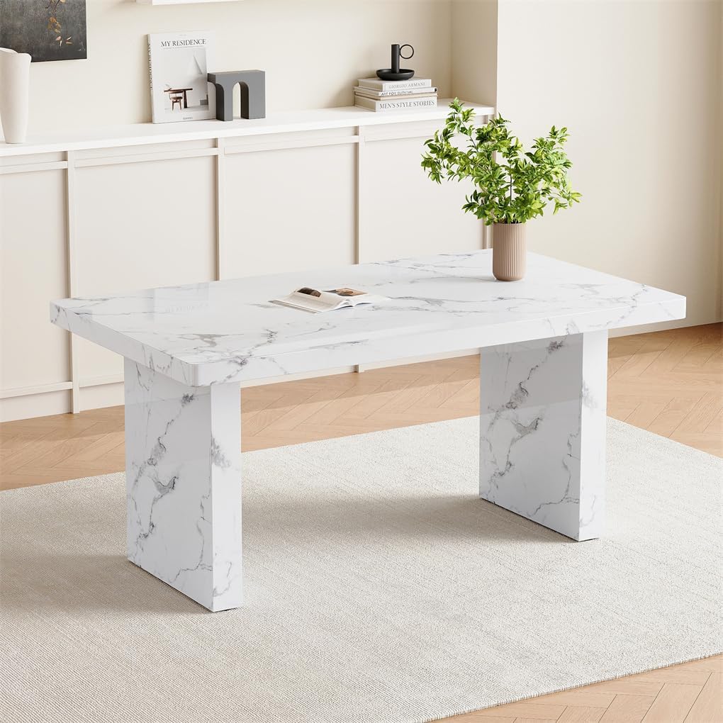 63" Marble Grain Dining Table, Modern Dining Table for 4/6, Dining Room Table?White, Easy Assembly