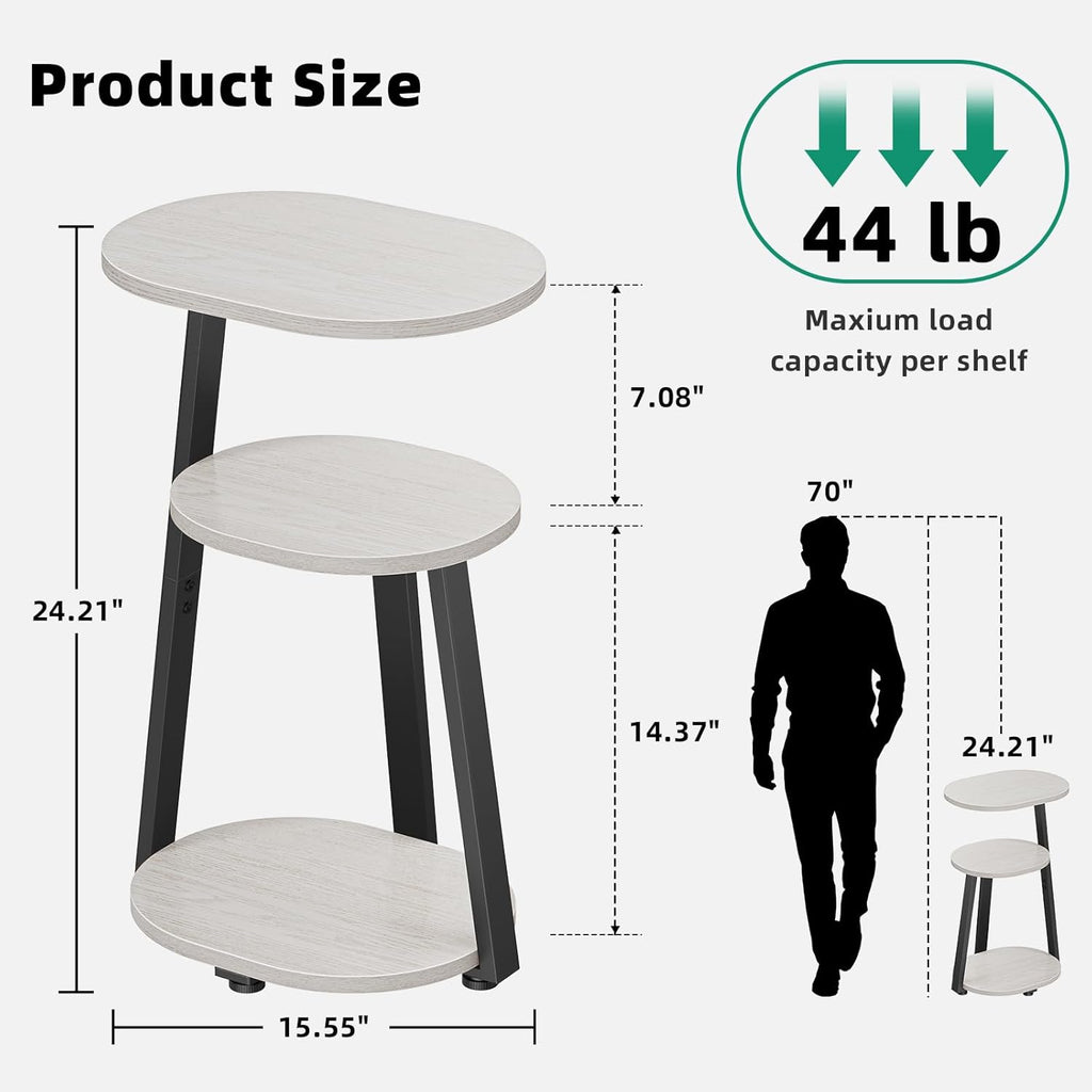 Kalrin Side Table, Small End Table with Metal Frame, 3-Tier Bedside Tables, Round Side Tables for Living Room Bedroom Couch Bathroom, Oval, White Maple