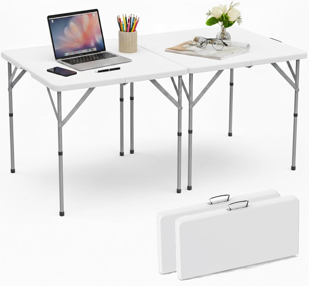 34'' Square Folding Card Table 2 Pcs,Dining Table with Handle & Safety Lock | Fold-in-Half, Portable, Heavy Duty HDPE, Foldable Plastic Table for Camping Picnic Party Event, White