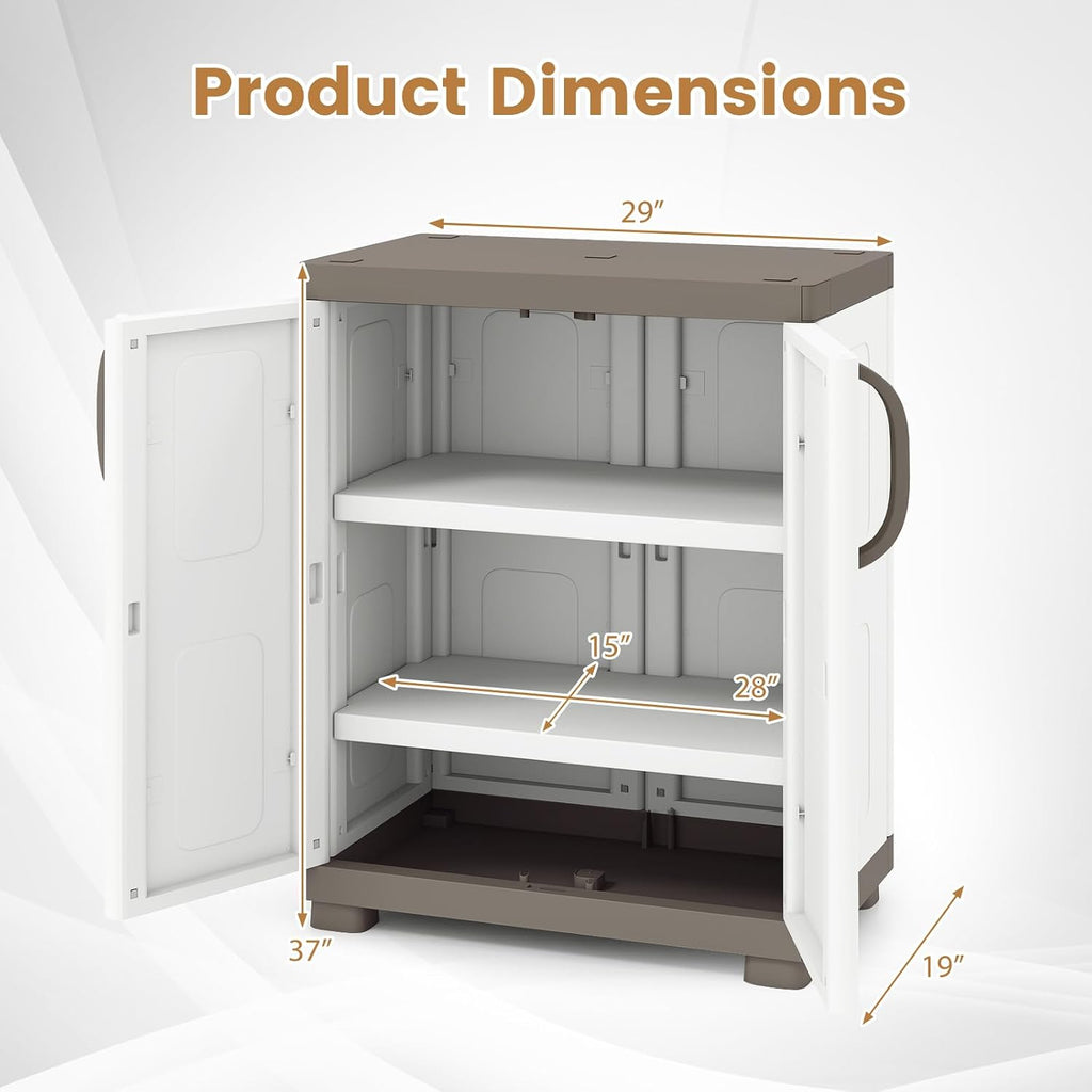 GIANTEX Storage Cabinet with 2 Doors and Adjustable Shelves, Modern Plastic Base Garage Organizer, Floor Sideboard for Kitchen, Dining Room, Bathroom (Wide-29"x19"x37",White+Brown)