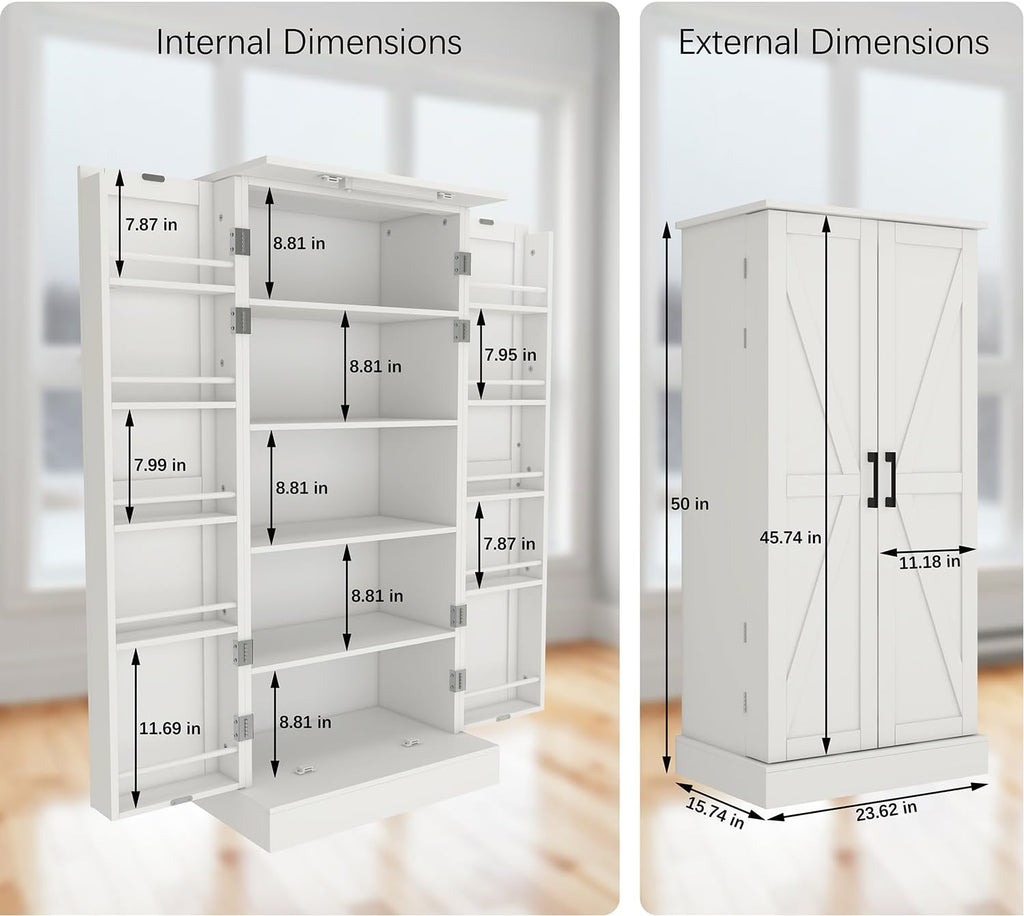 Locsear Kitchen Pantry Storage Cabinet w/LED, 50" Pantry Cabinets w/Doors and Adjustable Shelves, Freestanding Pantry Cupboard for Kitchen, Dinning Room, Living Room, Small Place, White