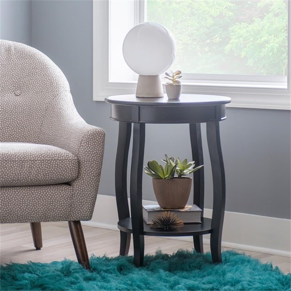BOWERY HILL Round Wood End Table with Shelf, 18.5 x 24 in, Black Finish, MDF and Pine Wood, Bentwood Skirt, Contemporary Accent Table for Living Room or Bedroom