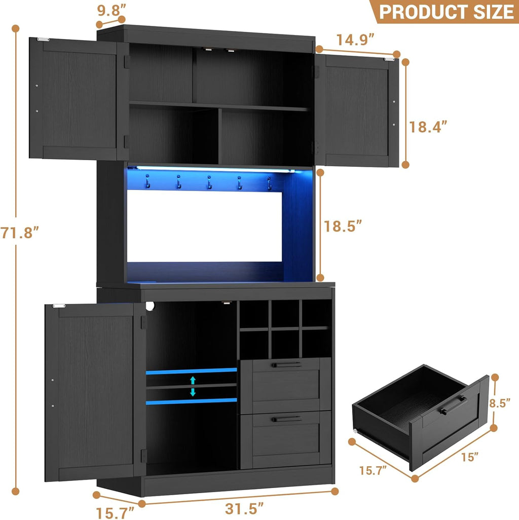 Unikito 72" Tall Kitchen Pantry Cabinet with LED Light & Outlet, Black | Coffee Bar Hutch Unit with Microwave Stand, Wine Rack, Drawers, Storage Shelves Freestanding Cupboard for Dining Room