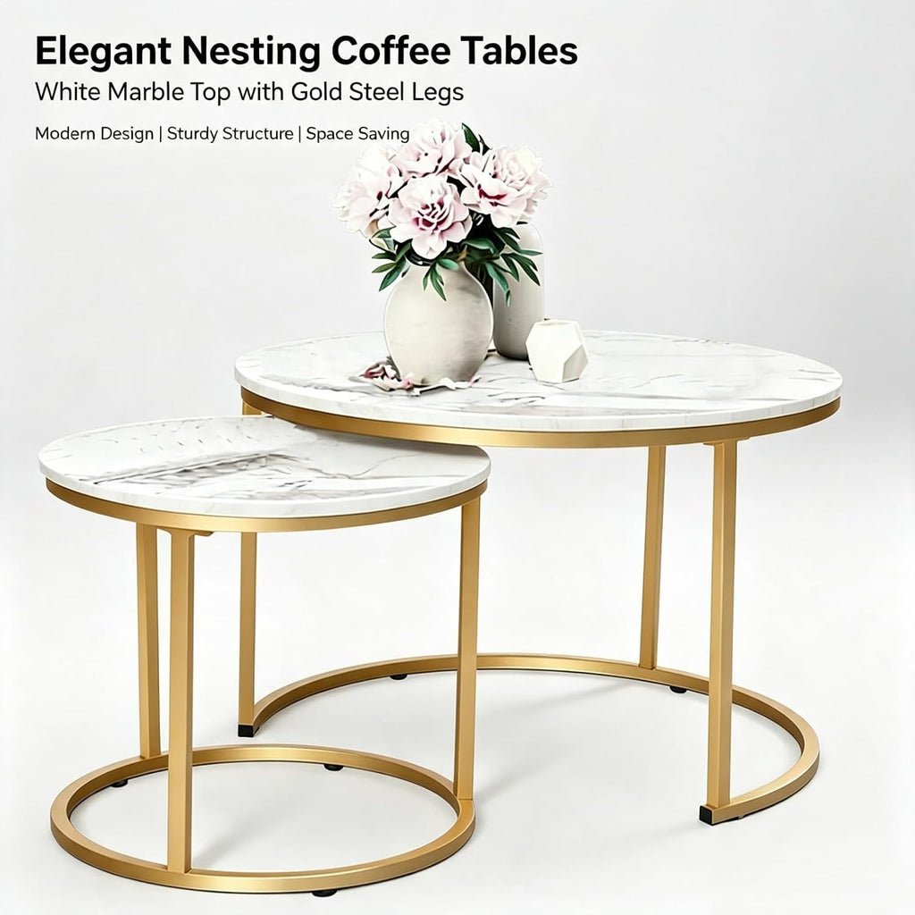 Round Nesting Coffee Table Set of 2, Marble Top Metal Frame | Space-Saving Design, Scratch-Resistant Top, 99 lbs Capacity, Living Room & Bedroom, Easy Assembly