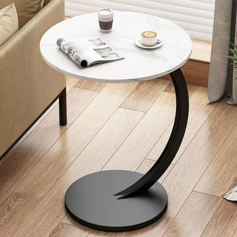C-Shaped End Table Side Table Wood Sofa Table with Metal Frame for Living Room, Bedroom, Small Spaces (Snow Mountain White + Black Rack)
