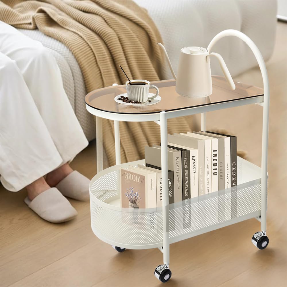 2 Tier Rolling Side Table, Metal Coffee Sofa Side End Table,Handle Utility Cart, Bed Side Table with Wheels Night Stand, Serving Cart,Drink Cart, for Living Room, Bedroom, Bathroom,White