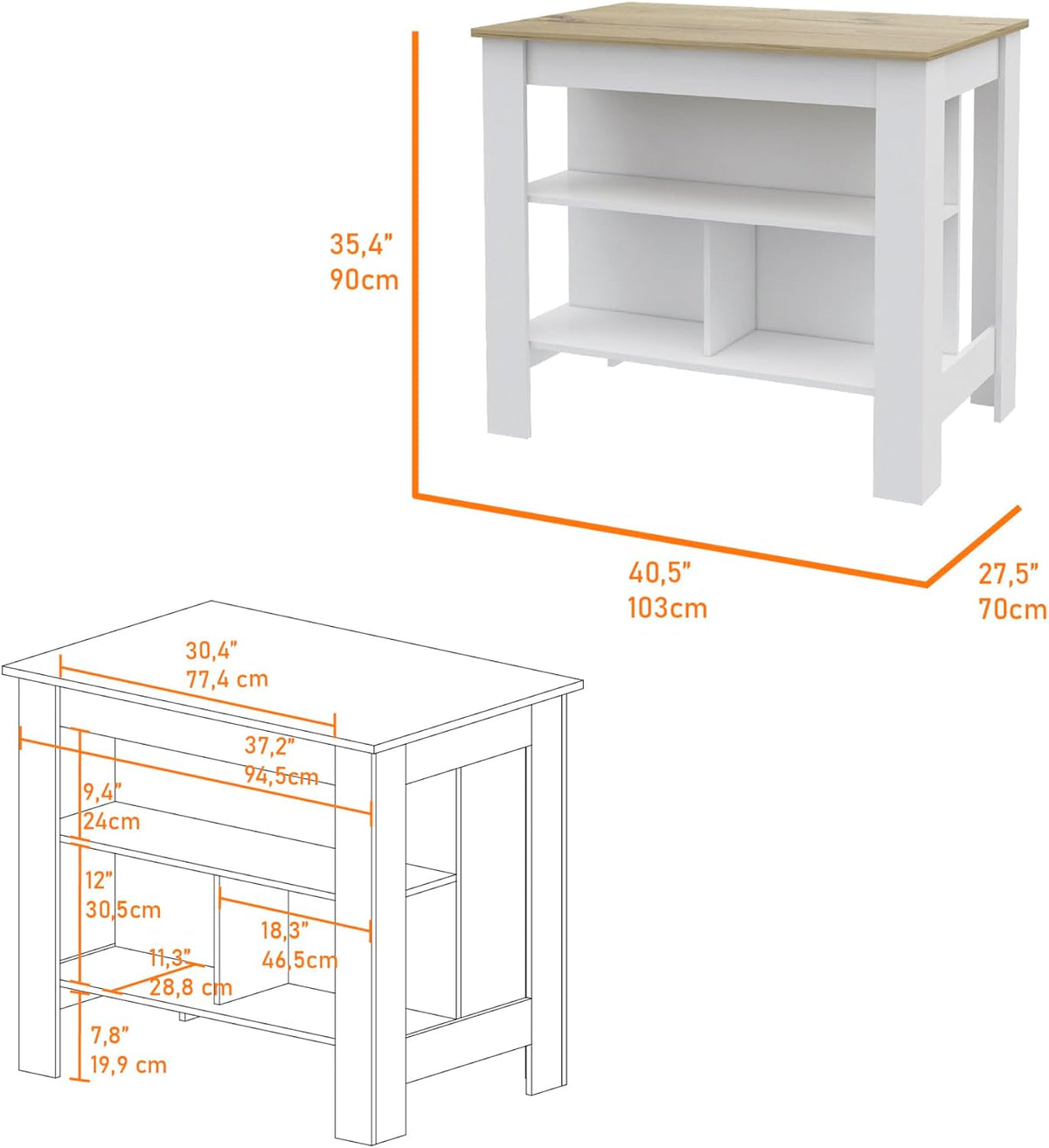 3-Shelf Kitchen Island White and Light Oak with Particle Board | Transitional kitchen island with 3 shelves and ample storage for meal prepping