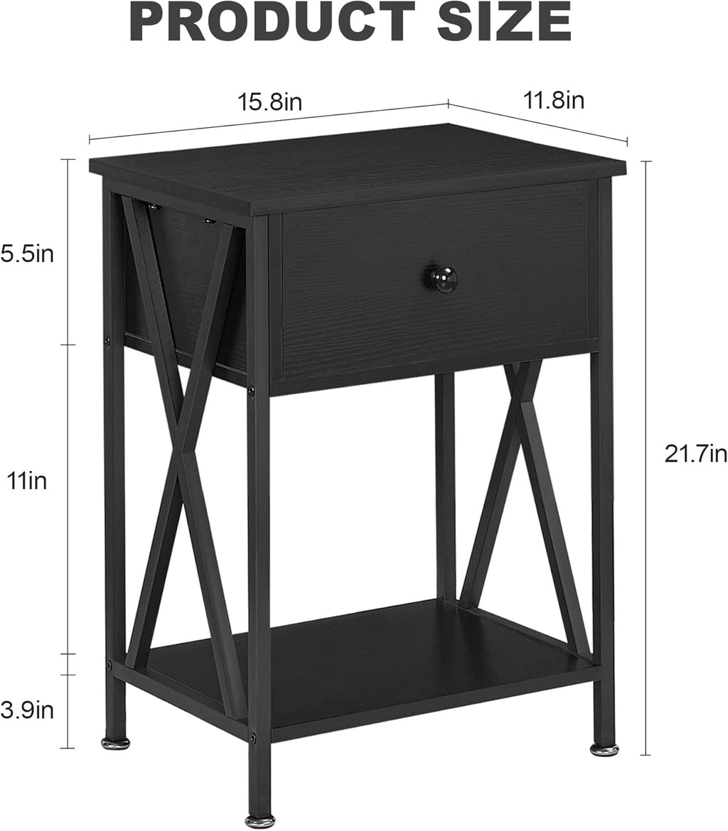 VECELO Nightstands Set of 2, Modern Bedside End Tables, Night Stands with Drawer and Storage Shelf for Living Room Bedroom, Industrial Metal Frame