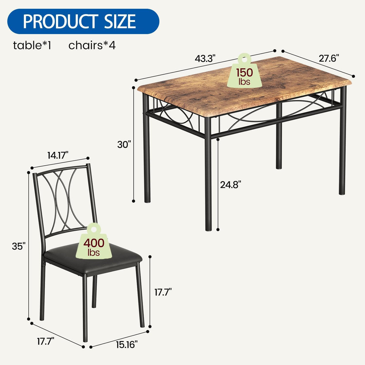 GarveeHome Dining Table Set for 4, Rectangle Compact Dining Table and Chairs Set, Small Kitchen Table Set with 4 Wood Chairs for Apartment, Rustic Brown