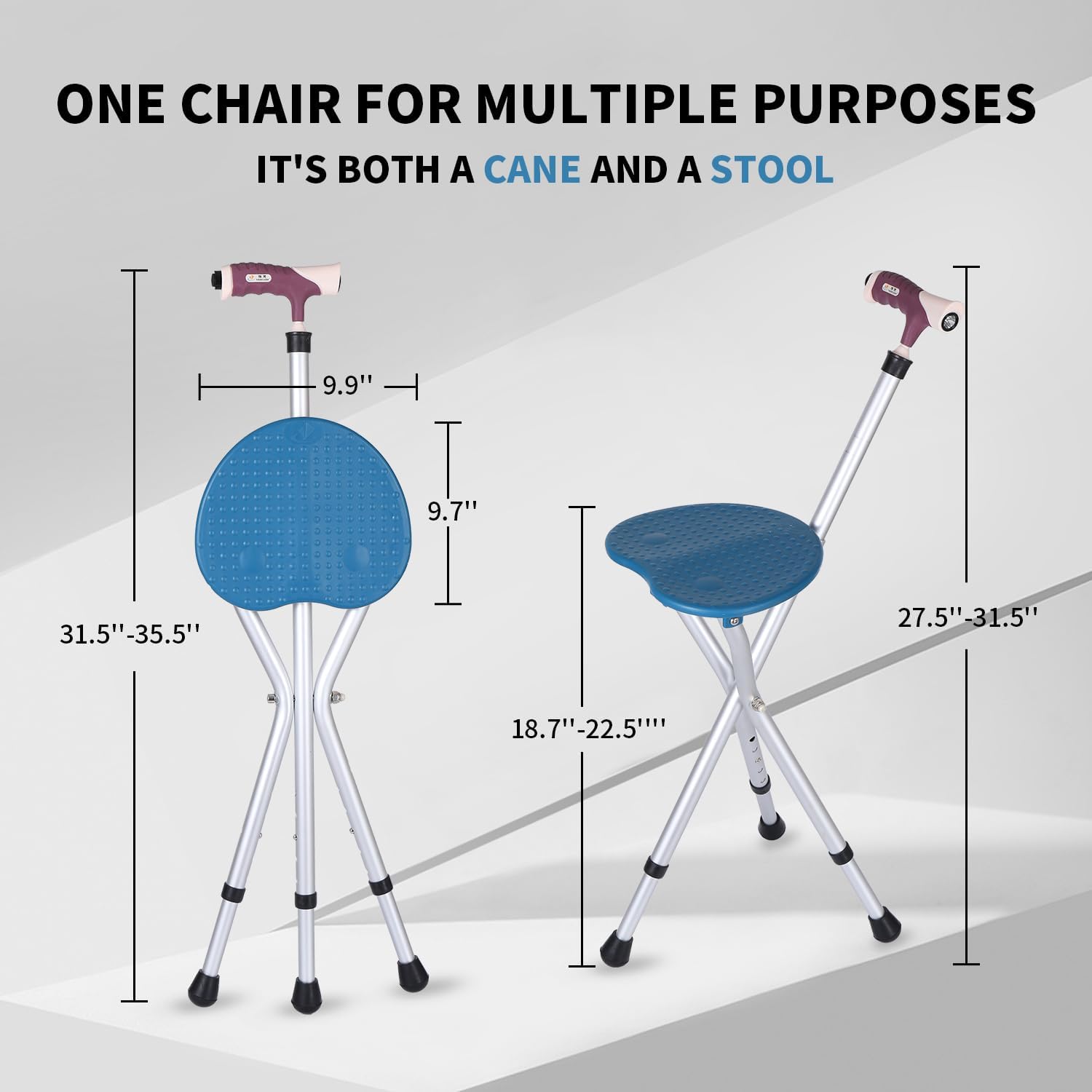 Folding Stool with LED Light, Adjustable Walking Cane Seat, Portable Tripod Chair with Handle
