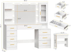 ANWBROAD 49.2" Large Vanity Desk with Mirror and Lights, Glass Top Vanity | White Makeup Vanity Desk with 8 Drawers, Power Outlet, Nightstand 5 Hooks Vanity Table with Stool for Bedroom Women UBDT88W