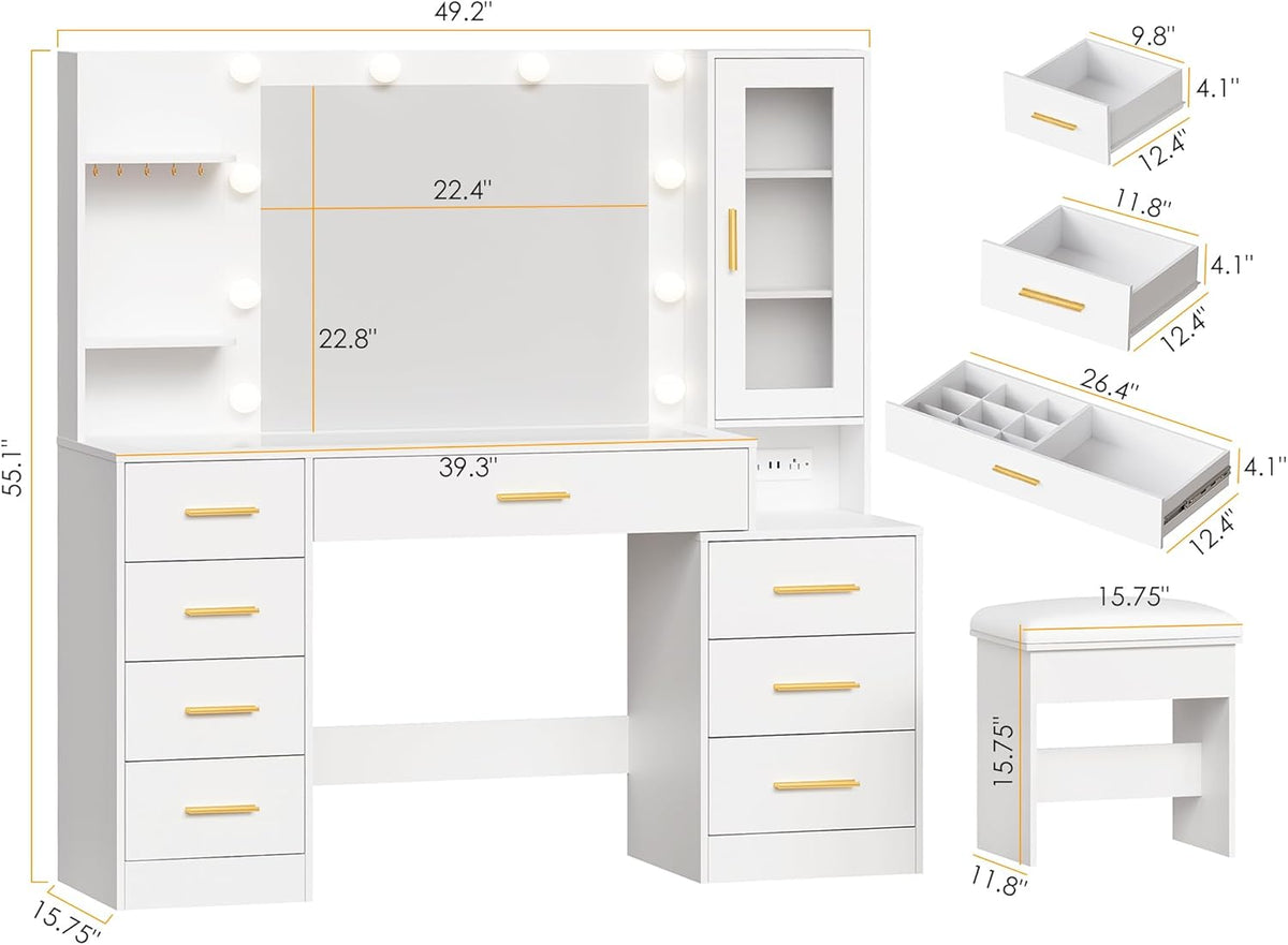 ANWBROAD 49.2" Large Vanity Desk with Mirror and Lights, Glass Top Vanity | White Makeup Vanity Desk with 8 Drawers, Power Outlet, Nightstand 5 Hooks Vanity Table with Stool for Bedroom Women UBDT88W