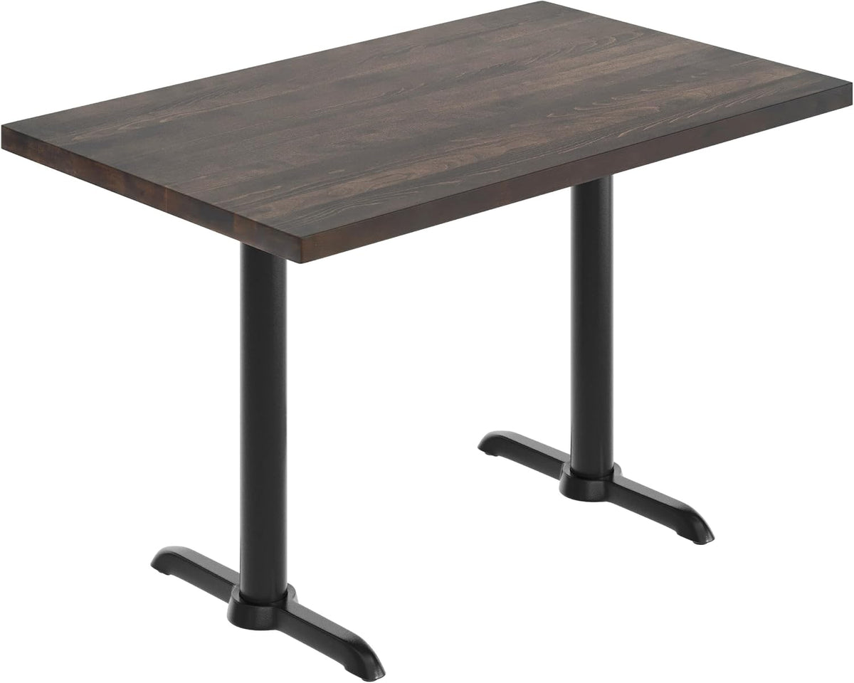 Flash Furniture Bennett 30" x 48" Solid Wood Commercial Indoor Tabletop in Dark Brown with Dual 5" x 22" Dining Height Black Cast Iron T Bases, 400 lb. Static Capacity