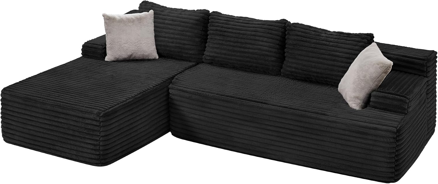 Hobestluk Couch Modular Sectional Sofa L-Shape Lounge Cloud Couch | Memory Foam,Washable Cover,No Assembly,Non-slip Base,Small Sectional Couches for Living Room | 96" Left Facing Chaise Black