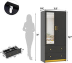chartustriable 2 Doors Armoire Wardrobe Closet with Mirror, LED Closet with Doors and Drawers, Wooden Wardrobe Storage Cabinet with Hanging Rod, Small Armoire, Black