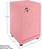 Lavish Home 2-Drawer Wooden File Cabinet with Lock, Pink, 16” x 27” | Rolling Filing Organizer with Deep Drawer Storage for Under the Desk, Home, or Office