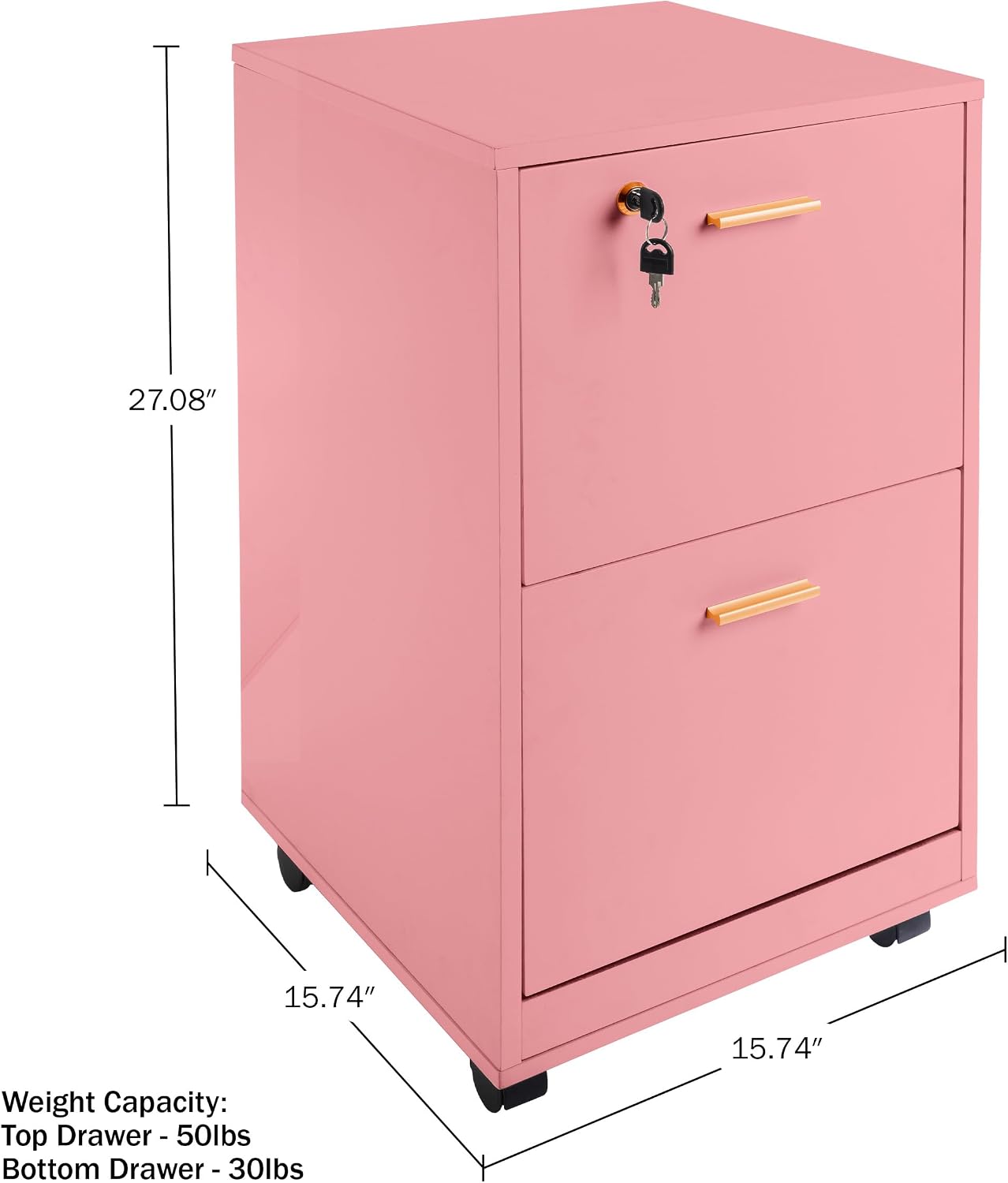 Lavish Home 2-Drawer Wooden File Cabinet with Lock, Pink, 16” x 27” | Rolling Filing Organizer with Deep Drawer Storage for Under the Desk, Home, or Office