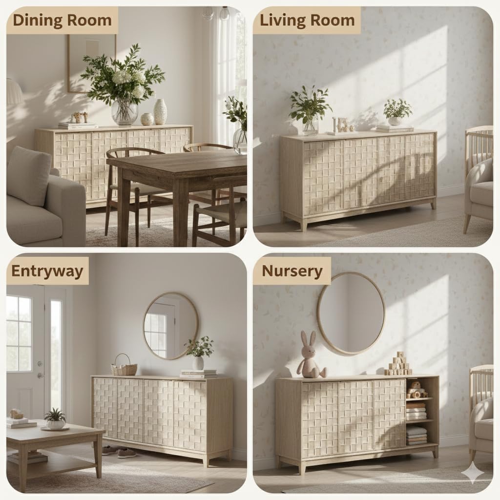 COLAMY 60" Sideboard Buffet Cabinet with Storage, Modern 4-Door Buffet Table with 3D Checkerboard Doors & Solid Wood Legs, Large Coffee Bar Cabinet for Dining Room, Living Room, Entryway,Oak Mist