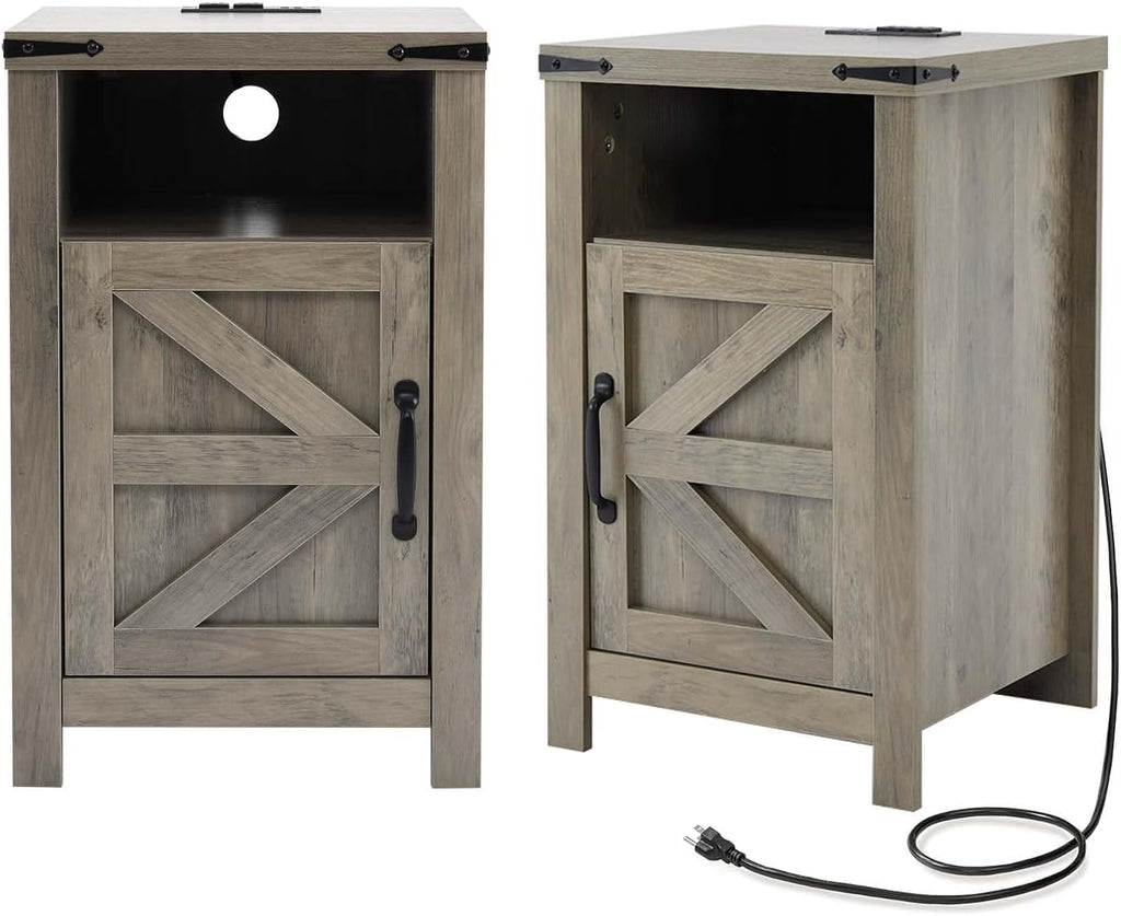 Grey Farmhouse Nightstand Set of 2, End Tables Set with Charging Station, Night Stand with Door and Storage Shelf, Sofa Side Table Living Room, Bedside Table for Bedroom