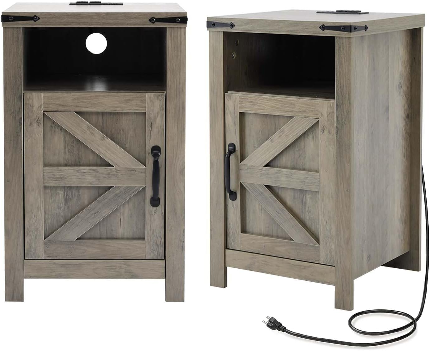 Grey Farmhouse Nightstand Set of 2, End Tables Set with Charging Station, Night Stand with Door and Storage Shelf, Sofa Side Table Living Room, Bedside Table for Bedroom