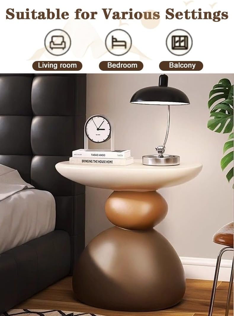 Decorative Stone Shape Side Table, Fiberglass End Table Nightstand, Round Accent Table for Bedroom, Living Room, Entryway, Decorative Living Room Table(Brown,Large)