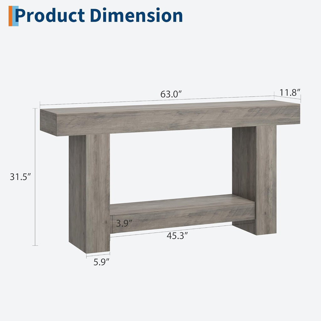GarveeHome Entryway Console Table, Farmhouse 2-Tier Entryway Table, Long Sofa Accent Table Behind Couch Table with Open Storage for Entrance, Living Room, Hallway, Light Grey, 63"