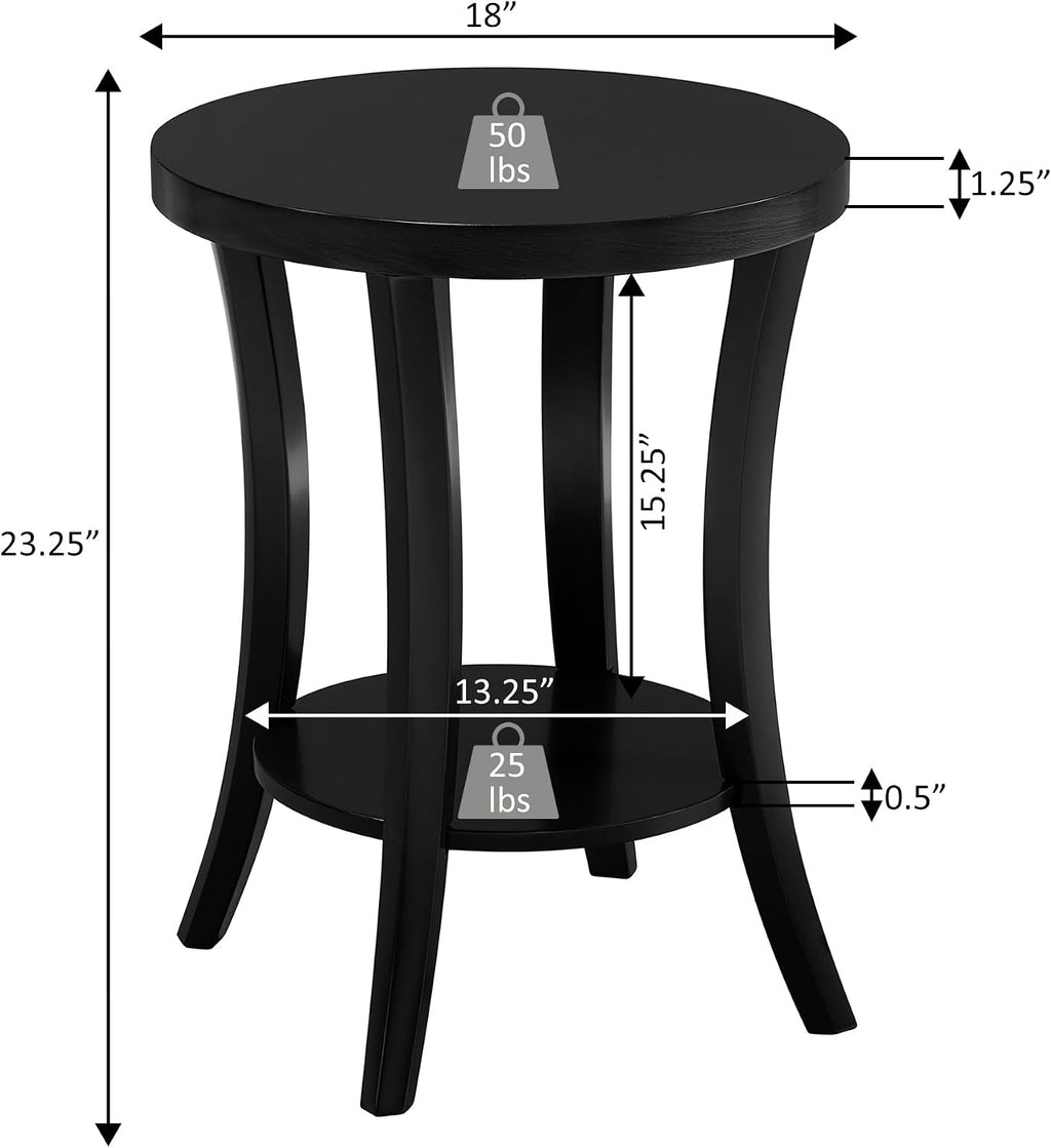 Convenience Concepts Charleston Round End Table 30" - Classic Living Room Side Table with Storage Shelf for Transitional Living Room, Family Room, Black