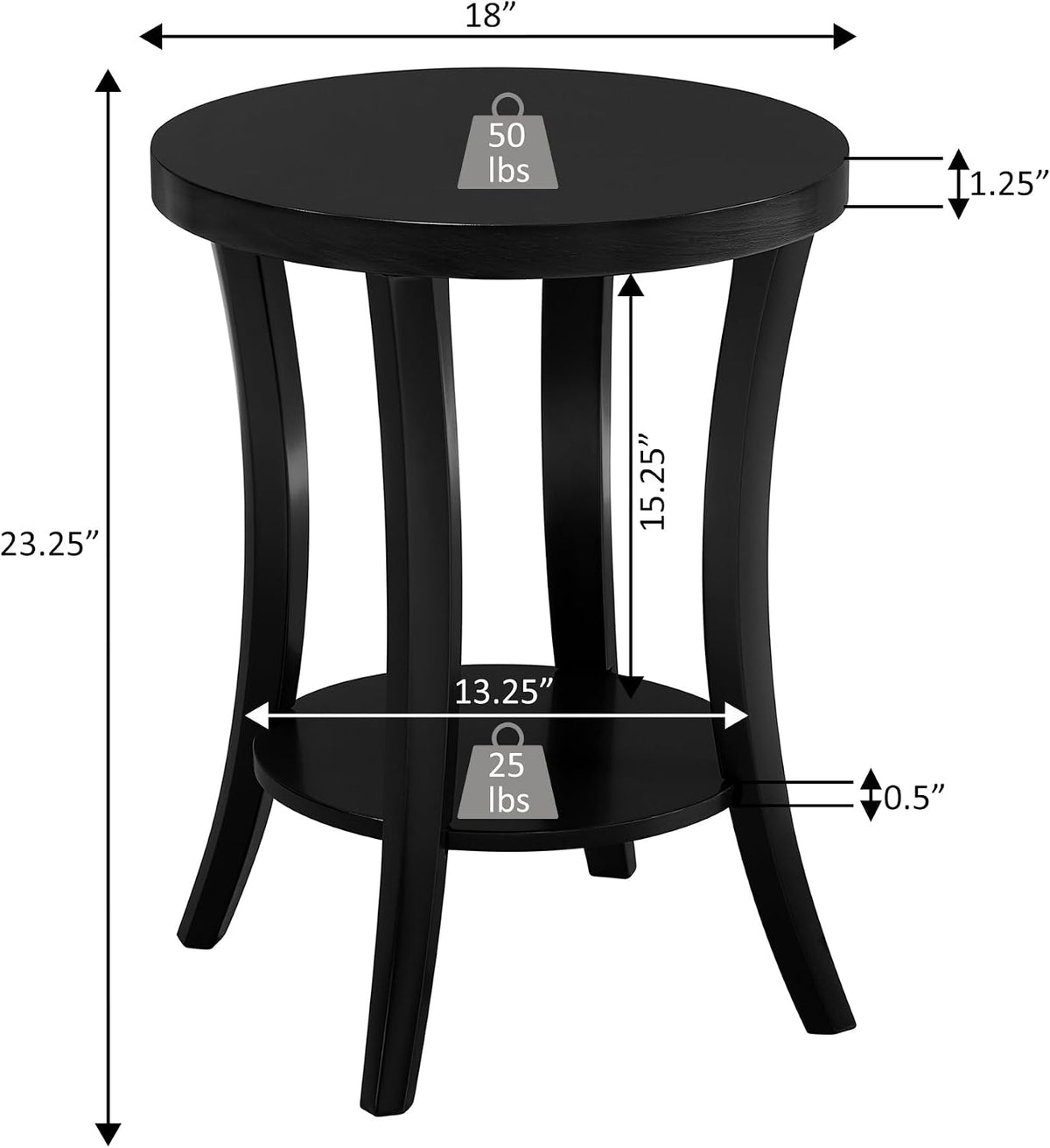 Convenience Concepts Charleston Round End Table 30" - Classic Living Room Side Table with Storage Shelf for Transitional Living Room, Family Room, Black
