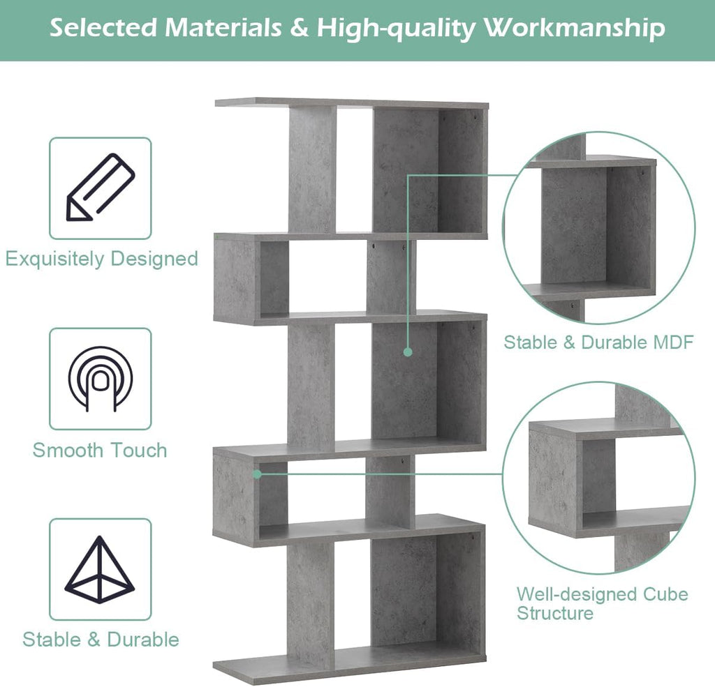 GIANTEX 5-Tier Geometric Bookshelf Set of 2, 70'' Tall Wood Freestanding Decorative Display Open Shelves with Anti-Tipping Device, Each Shelf Holds up to 44 lbs, Wooden S Shaped Bookcase, Gray