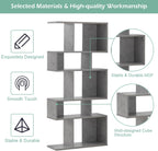 GIANTEX 5-Tier Geometric Bookshelf Set of 2, 70'' Tall Wood Freestanding Decorative Display Open Shelves with Anti-Tipping Device, Each Shelf Holds up to 44 lbs, Wooden S Shaped Bookcase, Gray