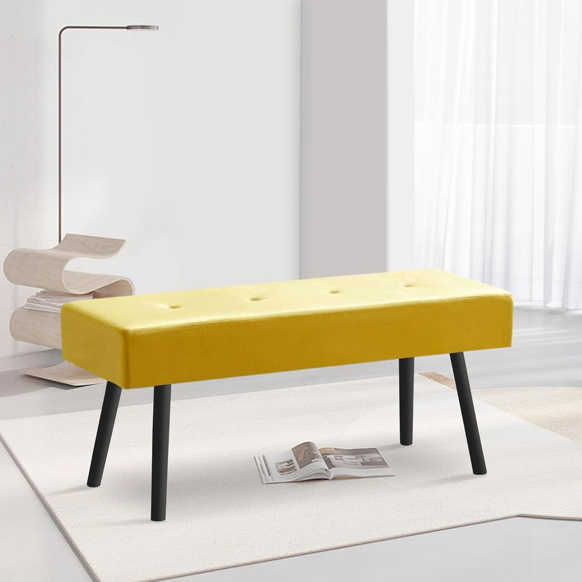 Upholstered Bench for Bedroom End of Bed, 40-inch Entryway Bench for Living Room, Dining Bench with Padded Seat and Metal Legs for Kitchen Bedroom,Indoor and Hallway (Yellow Velvet Bench)