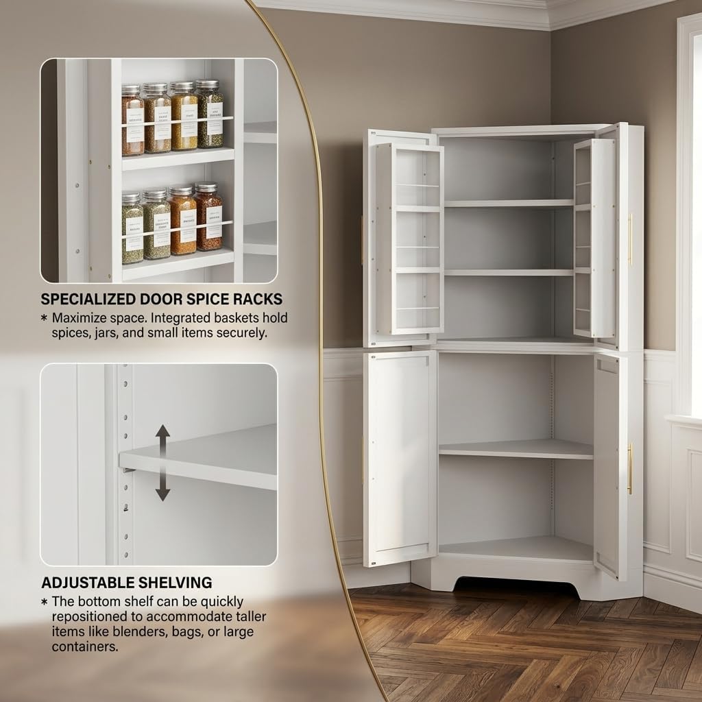 Corner Cabinet, Metal Storage, Kitchen Pantry Cabinet with Adjustable Shelves & Spice Rack, Tall Freestanding Corner Pantry with Shaker Doors & Gold Handles for Kitchen, Bathroom, Living Room (White)